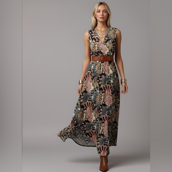 Boho Tropical Print A-Line Maxi Dress - Picture 1 of 8